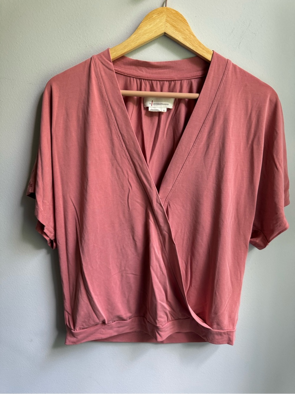 Anthropologie Dusty Rose Wrap-Style Short Sleeve Top Flowy Chic Sophisticate